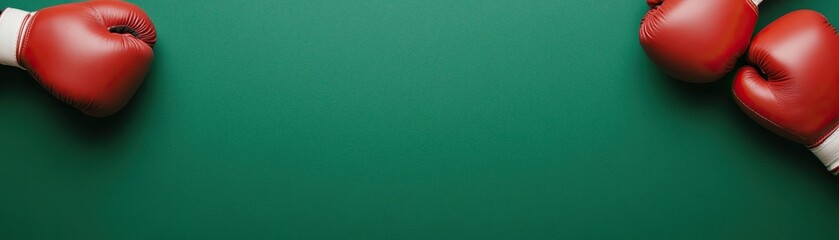 Red boxing gloves on a green background, perfect for sports-related themes.