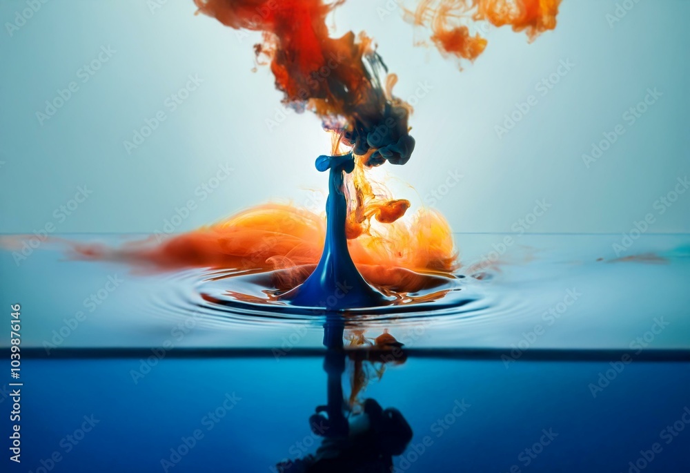 Aufkleber blue and orange ink drops create an abstract pattern as they spread out in the water.