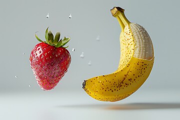 A strawberry and a banana with water droplets floating in mid-air against a white background.