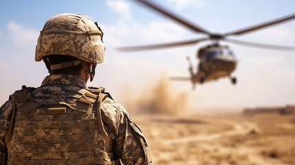 Fototapeta premium Soldier observing helicopter landing in desert environment, dynamic action scene.
