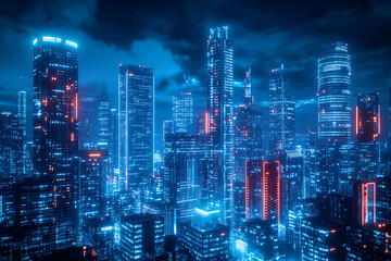 Obraz premium Futuristic city skyline at night with glowing skyscrapers and red lights