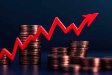 A red arrow indicating growth above stacks of coins, symbolizing financial success and investment trends in the economy.