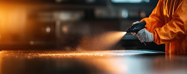 Worker in protective gear sprays disinfectant on a surface in a clean environment.