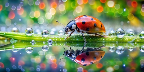Closeup of a Ladybug on Reflective Surface with Dew Drops - Nature Photography