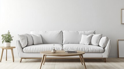 Fototapeta premium A white couch sits in front of a white wall