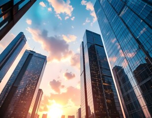 Fototapeta premium Vibrant Low-Angle Cityscape of Modern Skyscrapers at Sunrise with Reflective Glass Architecture