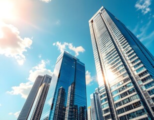 Fototapeta premium Vibrant Low-Angle Cityscape of Modern Skyscrapers at Sunrise with Reflective Glass Architecture