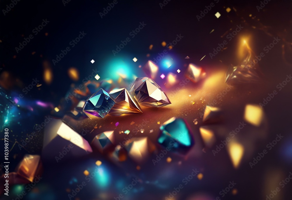 Poster shiny golden and blue gems on a textured dark background with glowing light effects.
