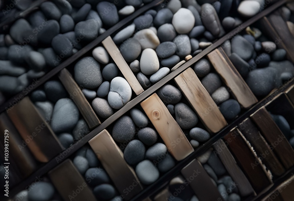 Aufkleber a close-up of various smooth, rounded stones arranged in a grid with wooden slats.