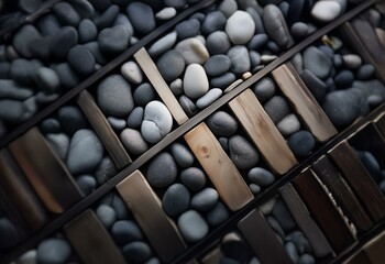 A close-up of various smooth, rounded stones arranged in a grid with wooden slats.