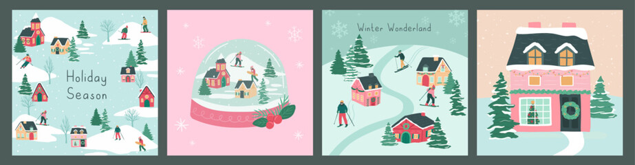 Collection of Winter Christmas poster house village mountain landscape vector illustration template layout