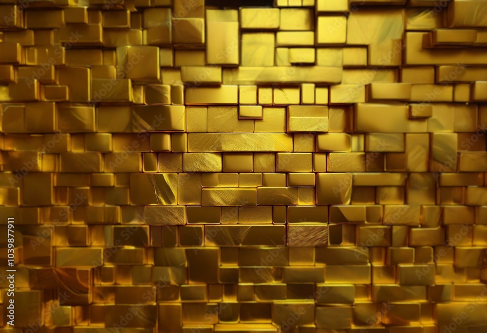 Aufkleber A close-up of a surface made of shiny gold blocks stacked and arranged in a brick-like pattern.