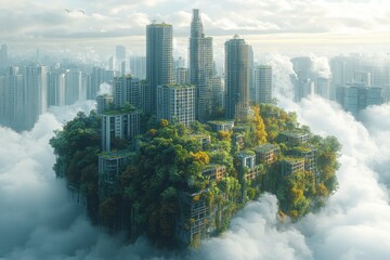 Futuristic urban landscape featuring skyscrapers entwined with greenery and surrounded by clouds