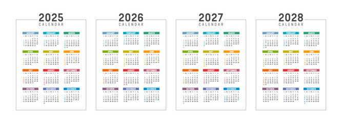 Colorful USA calendar set, year 2025 2026 2027 2028 planner, white background english language
