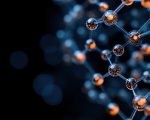 Abstract molecular structure on dark background, showcasing chemical connections and vibrant elements.