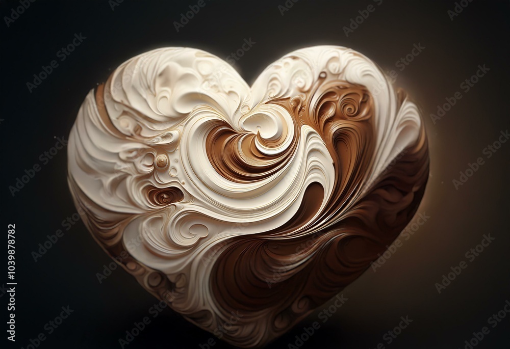 Poster a heart shaped object made of swirling, layered, abstract patterns in white and brown.