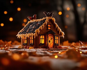 Beautifully crafted gingerbread house with intricate details and warm glowing lights, perfect for holiday decoration.