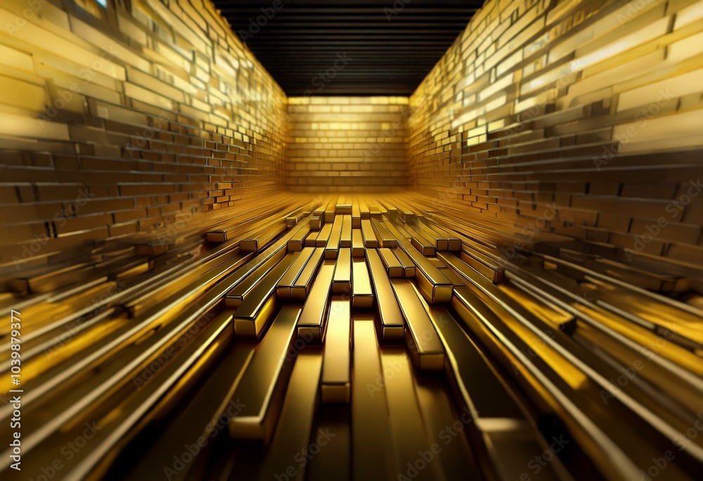 Poster a perspective view of an enclosed space lined with gold bricks and filled with rows of gold bars.