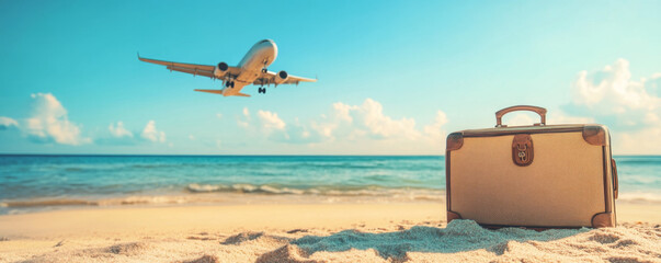 Vintage suitcase on sandy beach with airplane overhead