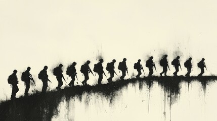 A line of soldiers in silhouette marching across a white background.