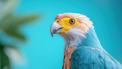 Obraz premium Close up of a crested caracara bird with blue and orange feathers against a blue background.