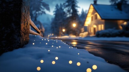 cold weather in small rural village scenery, close up light glittering on snowscape with small house, happy winter season December month landscape