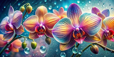 Fototapeta premium Colorful Abstract Illustration of Exotic Orchids with Dew Drops on White Background