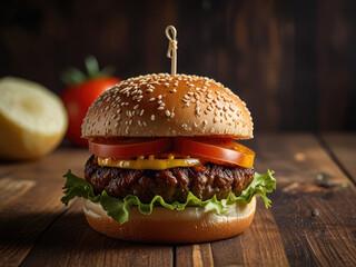 Burger on a wooden cutting board.  fast food, best-selling in the street market