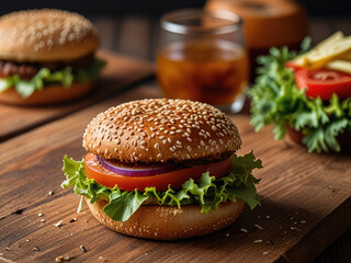 Burger on a wooden cutting board.  fast food, best-selling in the street market
