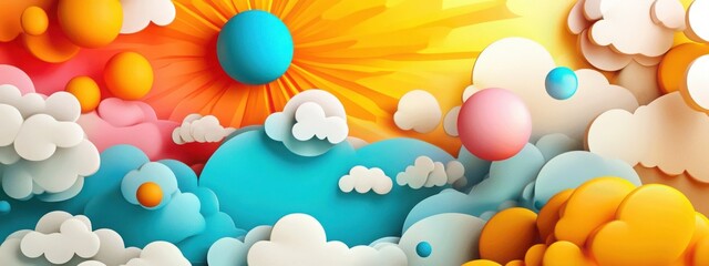 3d pop abstract background, cozy modern sun, burst and cloud pop art style illustration with bright color.