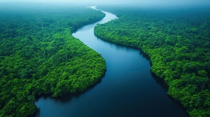 Obraz premium aerial view of the dense amazon rainforest showcasing a lush canopy of trees winding rivers and rich biodiversity highlighting the beauty of this vital ecosystem