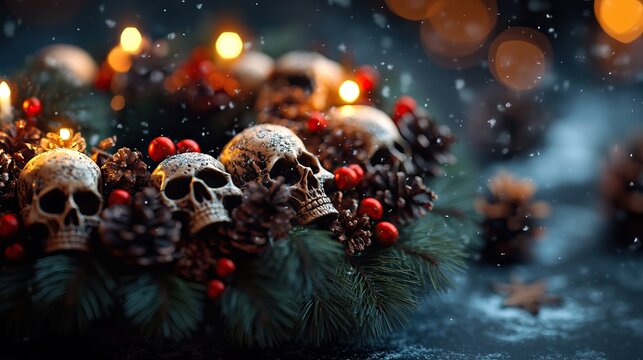Festive wreath featuring skulls and holiday decorations with a moody background and soft snowfall.