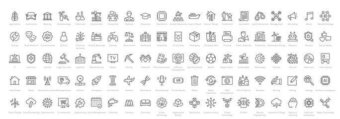 Set of 100 types of industries icons. Editable Stroke. Technology, finance, healthcare, automotive, energy, retail, construction, hospitality, tourism, education, agriculture. Vector illustration.