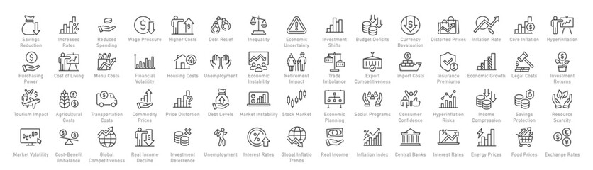 Inflation web icons in line style. Crisis, economic, unemployment, hyperinflation, inflation rate, scarcity, price increase, money, investment, depreciation, energy, transportation, collection. Vector