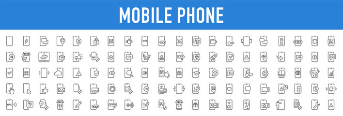Mobile phone web icons in line style. Smartphone, telephone, call, chat, voice, message, mail, pay, pin, live, collection. Vector illustration.	