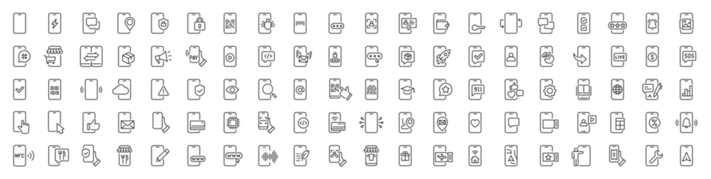 Mobile phone web icons in line style. Smartphone, telephone, call, chat, voice, message, mail, pay, pin, live, collection. Vector illustration.	