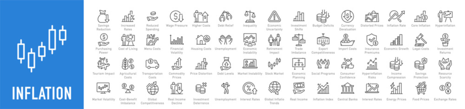 Inflation web icons in line style. Crisis, economic, unemployment, hyperinflation, inflation rate, scarcity, price increase, money, investment, depreciation, energy, transportation, collection. Vector