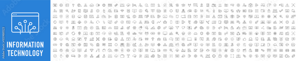 Poster information technology web icon set in line style. network, web design, website, computer, software,
