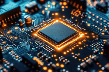 Obraz premium Modern electronic circuit board showing cpu processing data with bokeh lights