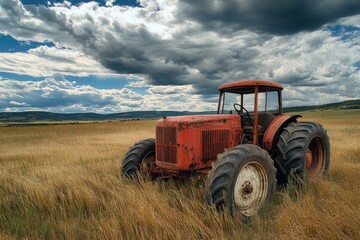 Old red tractor sitting in wheat field under storm clouds