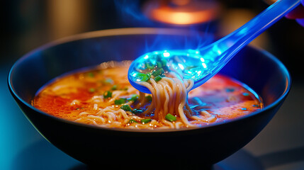 A bowl of ramen with a futuristic twist, featuring glowing blue light reflecting off a spoon as it lifts noodles. 