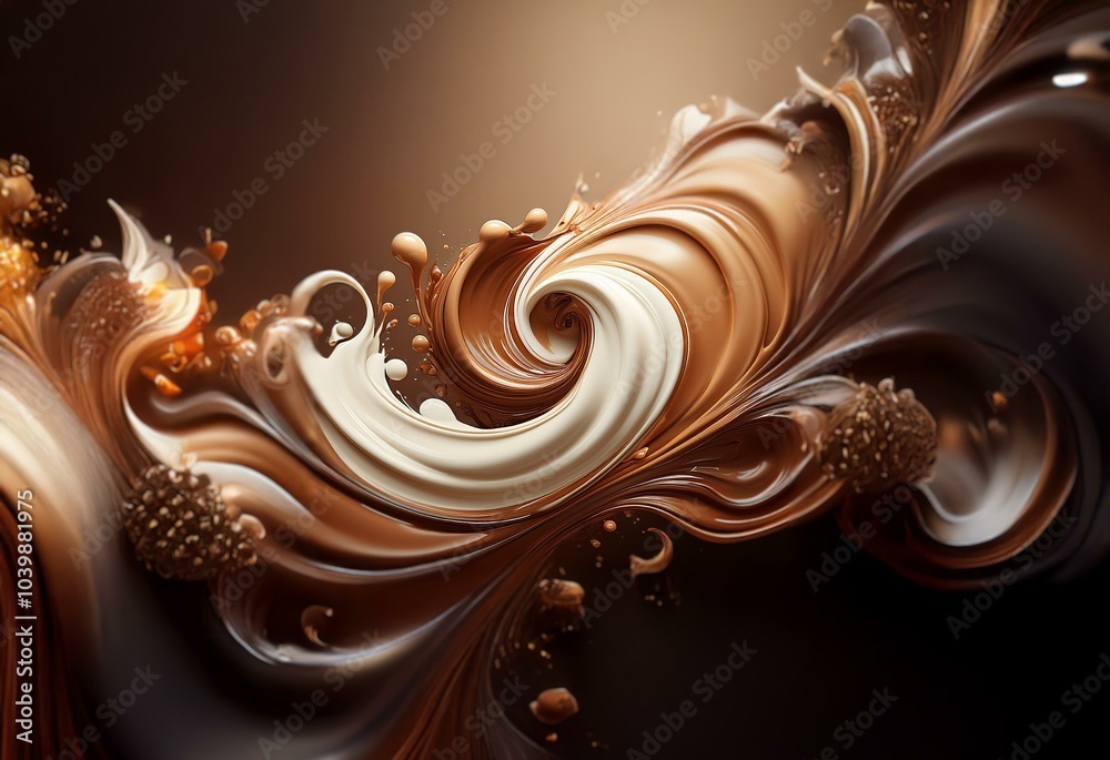 Poster whipped chocolate swirls with a splash of white cream and tiny chocolate balls in the center.