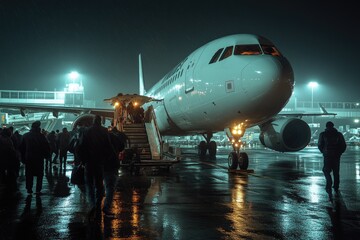 Fototapeta premium Passengers boarding airplane at night in the rain
