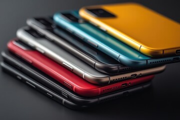 Stack of colorful smartphones lying on top of each other