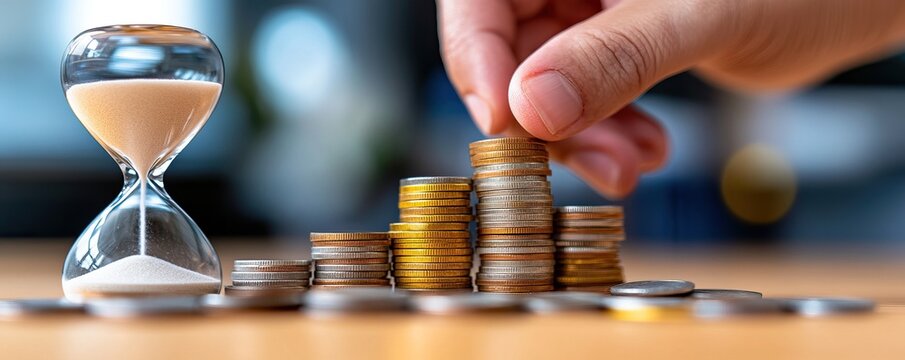 Hand stacks coins beside an hourglass, symbolizing time management and financial planning. - Powered by Adobe