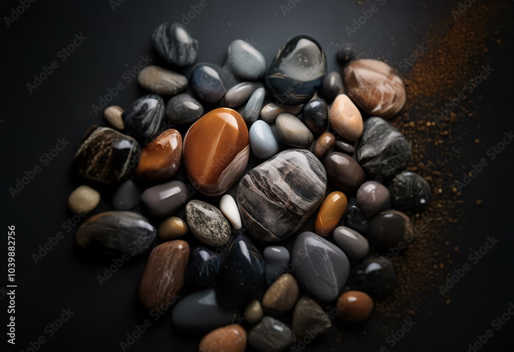 Poster A cluster of smooth, colorful stones rests on a dark background, with a sprinkling of fine particles in the upper right corner.
