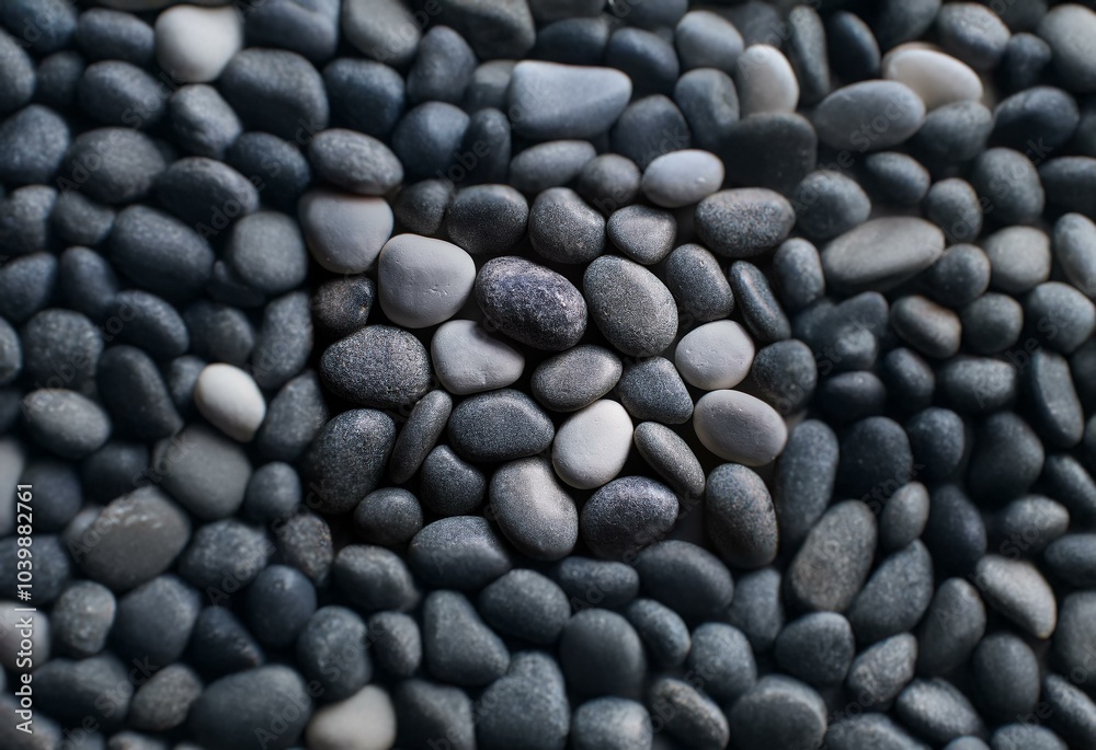 Aufkleber a close-up image of a collection of smooth grey and white pebbles, with a darker grey pebble standin
