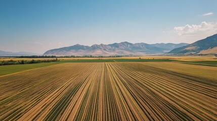 Obraz premium Widok farmy słonecznej w świetle dziennym, która na tym samym terenie służy zarówno do wytwarzania energii, jak i produkcji rolnej.
