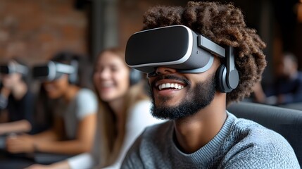 Corporate executives brainstorming in a modern, tech-driven office with virtual reality interfaces