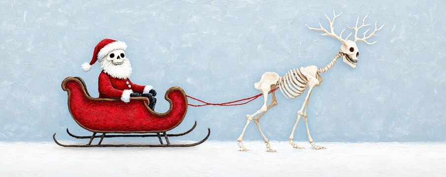 Santa Claus in a sleigh being pulled by a skeleton reindeer on a frosty blue background.
